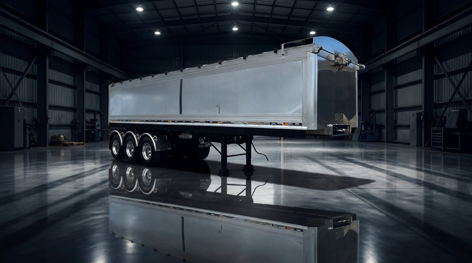 YLZ tri-axle aluminium semi tipper trailer — showroom shot from the workshop floor